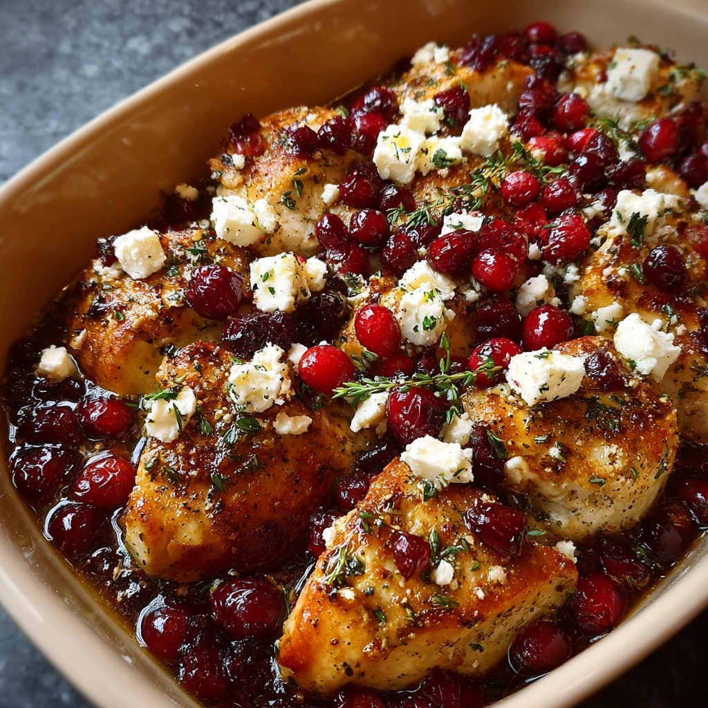 A bowl of food with chicken, fruits, and vegetables, including red berries and feta cheese.