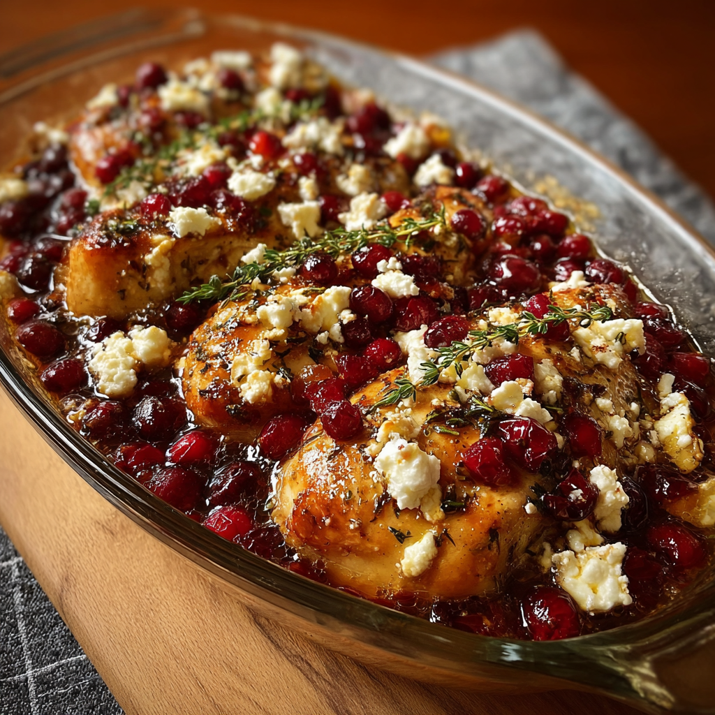 A dish of chicken with red berries and feta cheese, served in a glass bowl.
