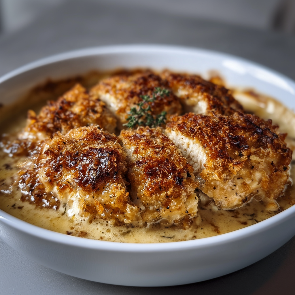 A bowl of Onion Soup Chicken Bake, featuring a delicious combination of chicken, onions, and a creamy sauce.
