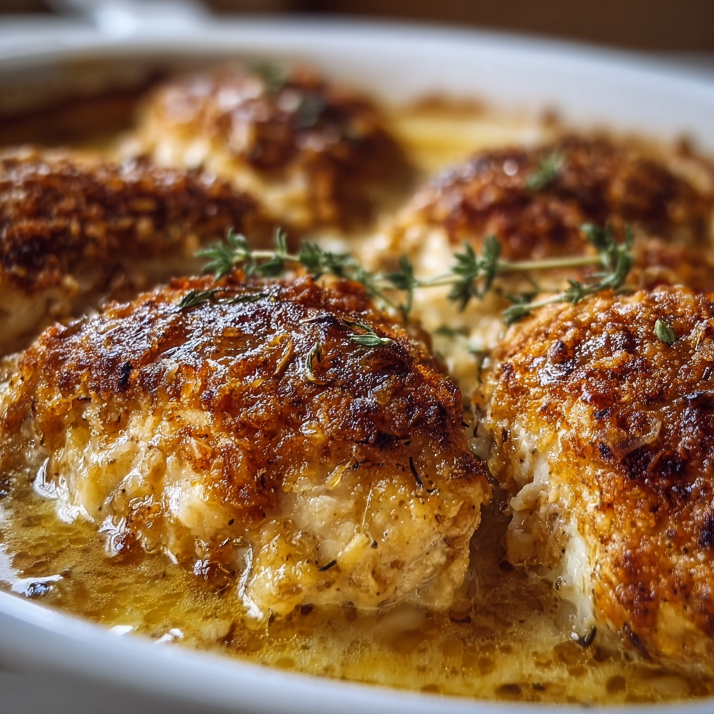 A dish of chicken with herbs and spices, cooked in a creamy sauce.