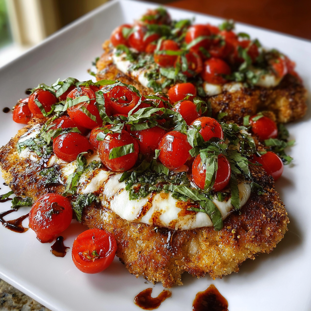 A plate of chicken with tomatoes and basil, possibly a Caprese salad.