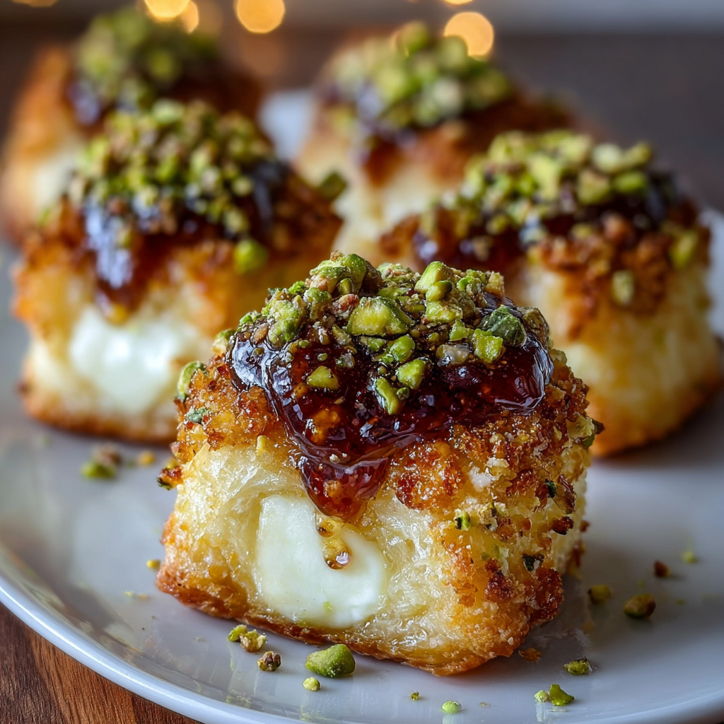 A plate of Pistachio Crusted Brie Bites with Fig Honey Glaze.