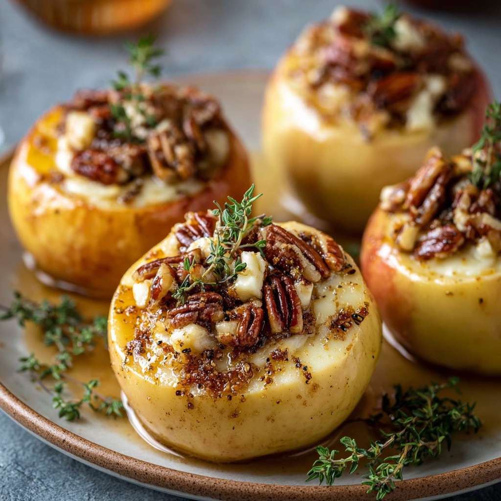 A plate of Maple Pecan & Brie Stuffed Apples with Thyme.