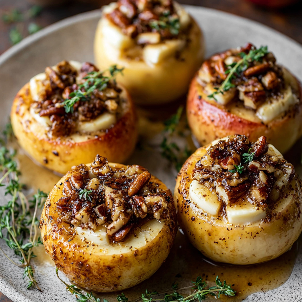 A plate of Maple Pecan and Brie stuffed apples with thyme garnish.