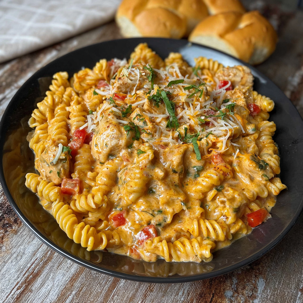 A plate of Rotel Chicken Pasta with a loaf of bread on the side.