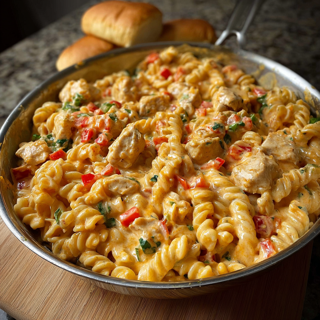 A delicious pasta dish with chicken and tomatoes, served in a silver bowl on a wooden table.