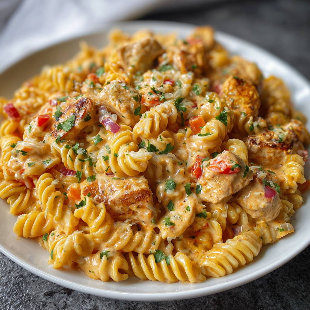 A plate of pasta with chicken and tomatoes, served with a side of garlic.
