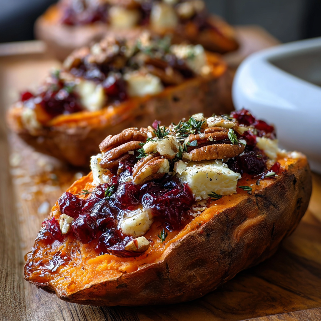Three stuffed sweet potatoes with a maple pecan and brie filling, topped with a cranberry glaze.