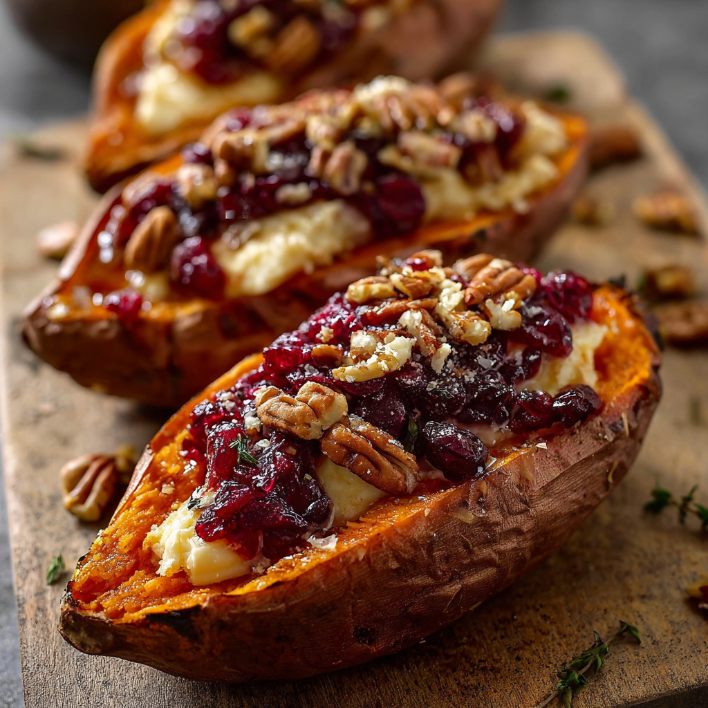 A close up of a baked sweet potato with a filling of nuts and berries.