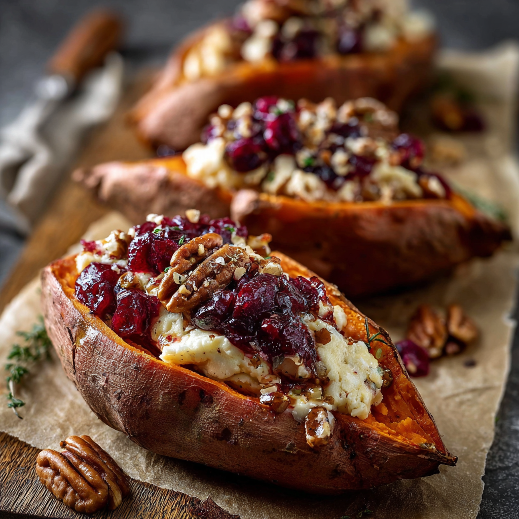 A close up of a delicious roasted sweet potato with a filling of cheese and nuts.