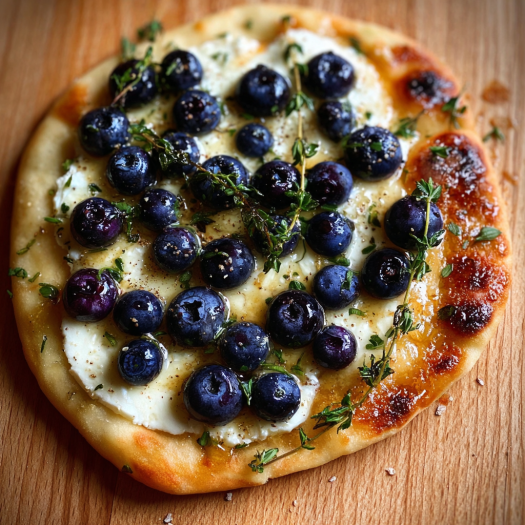 A flatbread with blueberries and thyme on top, drizzled with honey.