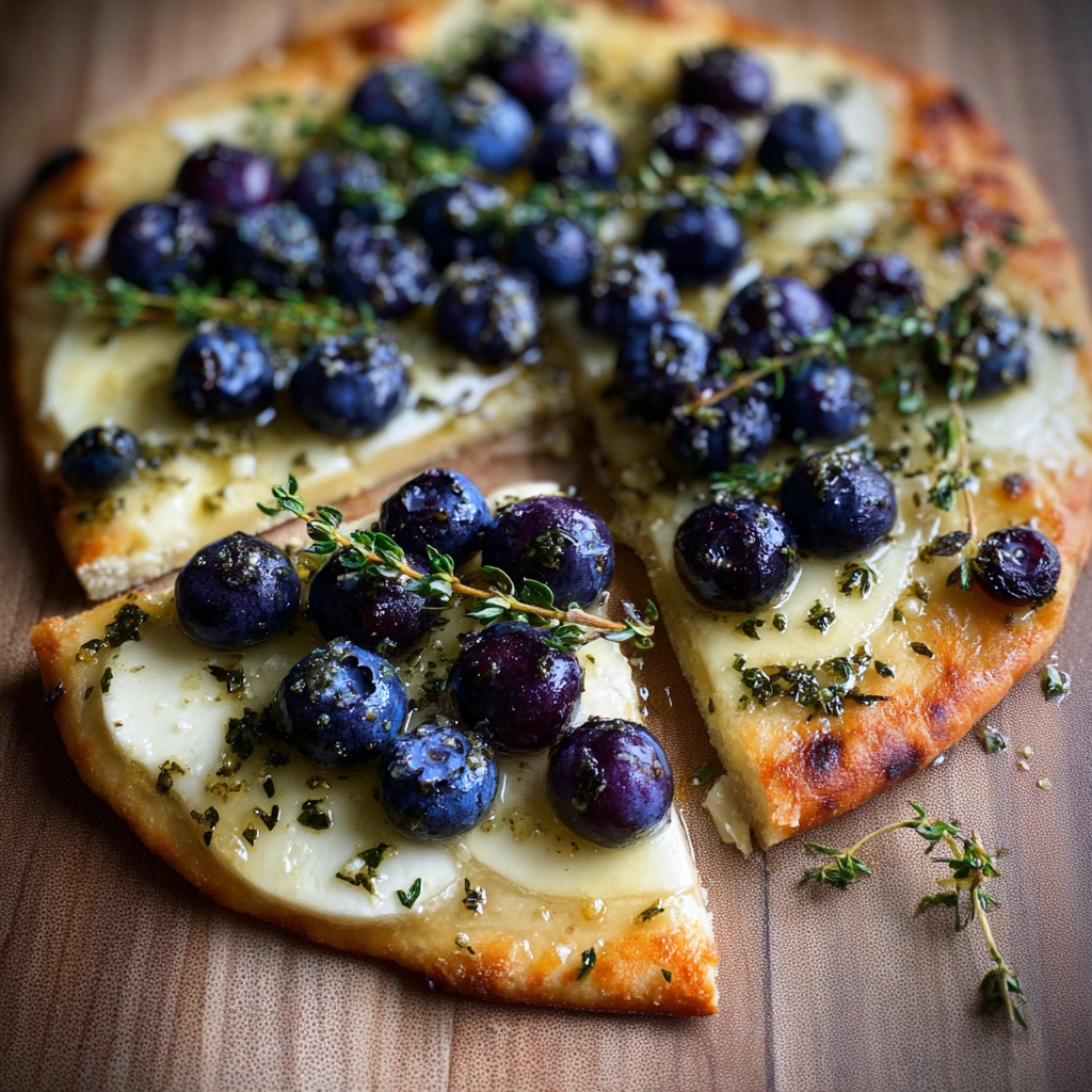 A slice of Blueberry Brie and Thyme Flatbread with Honey on a wooden table.
