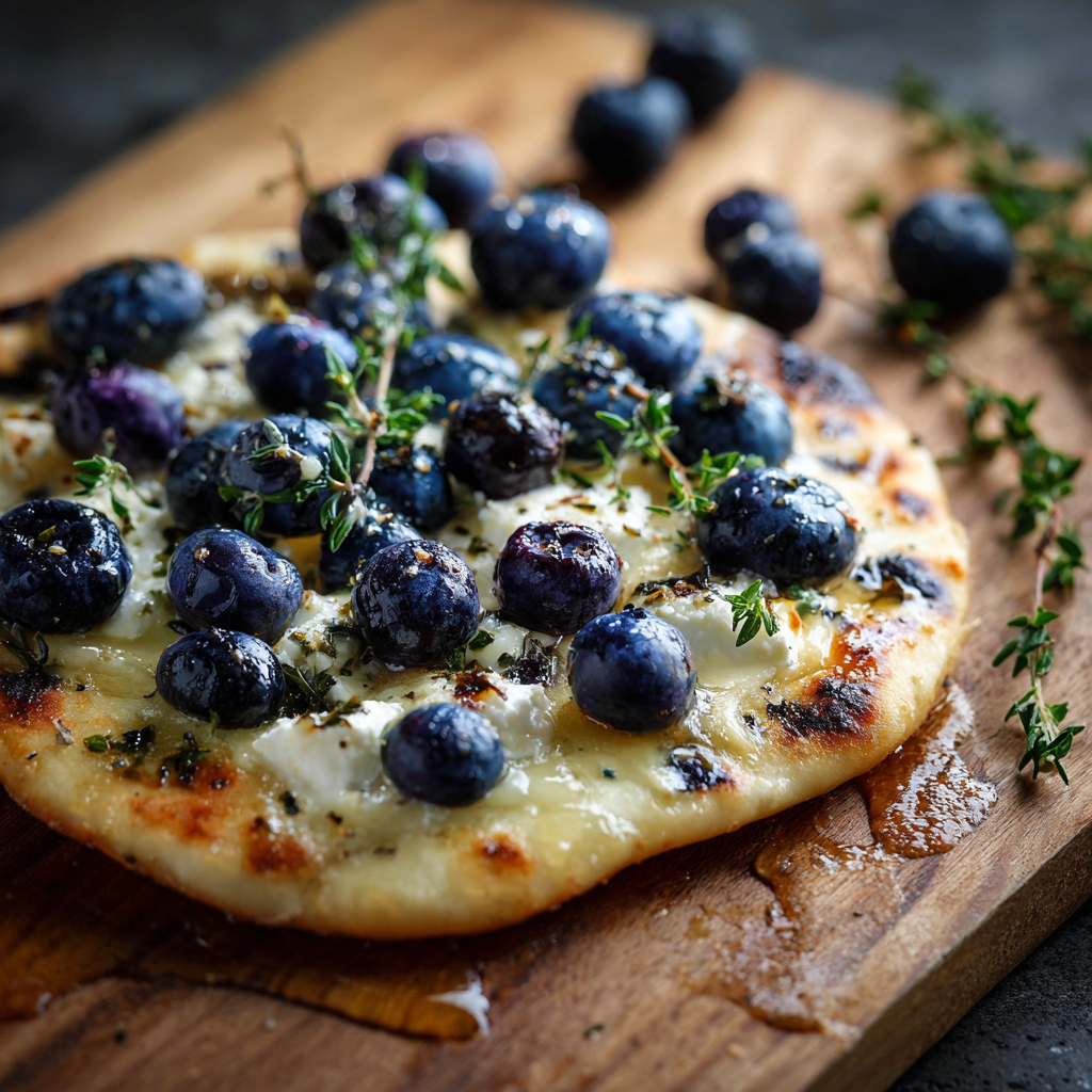 A flatbread with blueberries and thyme on top, drizzled with honey.