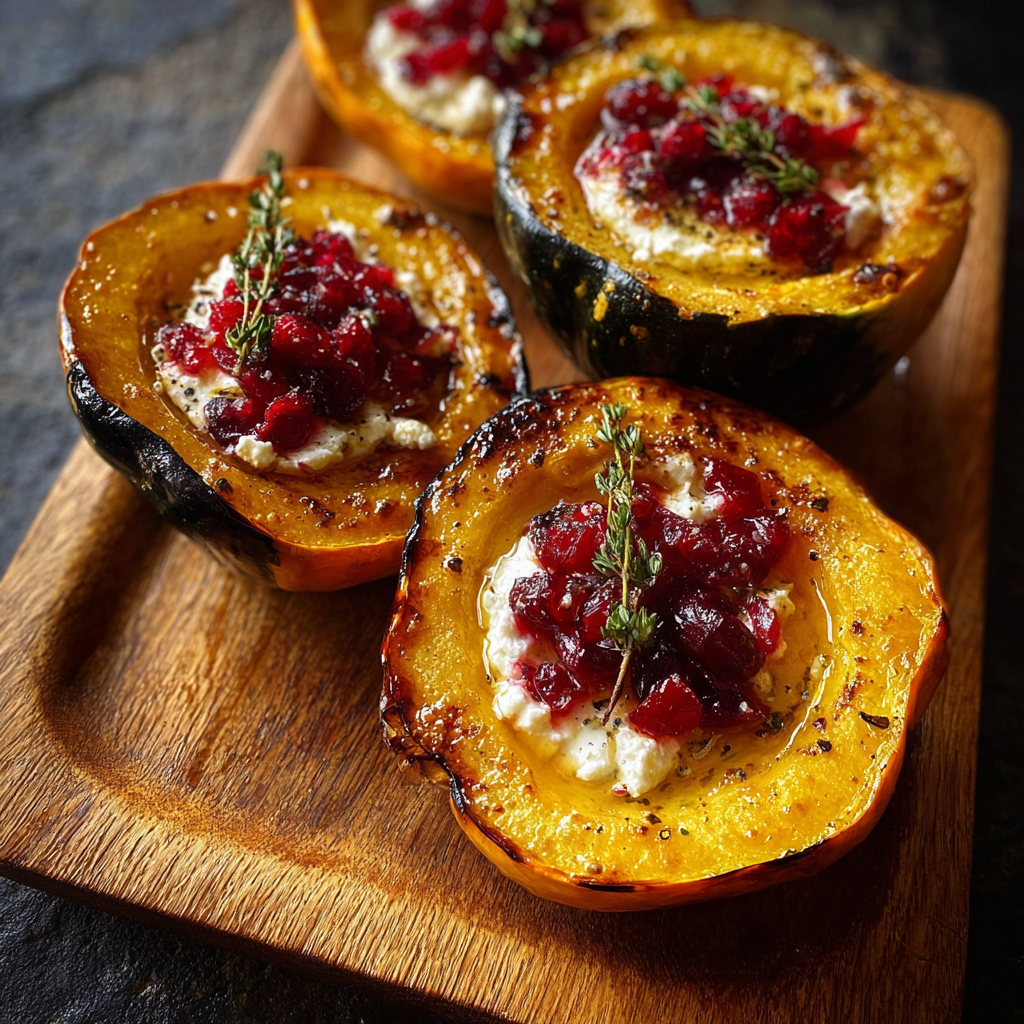 A wooden cutting board holds three sliced acorn squash with creamy goat cheese and cranberry drizzle.