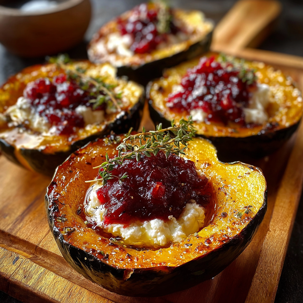 A delicious dish of Honey Glazed Acorn Squash with Creamy Goat Cheese and Cranberry Drizzle.