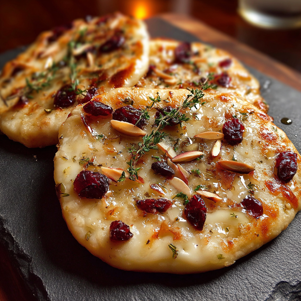 A close up of a delicious looking pizza with a variety of toppings, including nuts and raisins.
