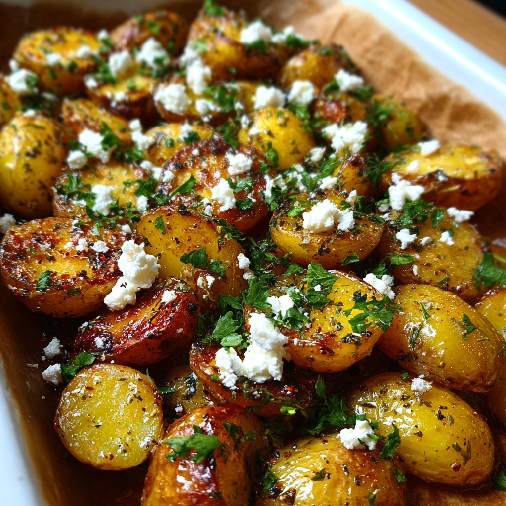 A dish of roasted potatoes with feta cheese and lemon, ready to be served.
