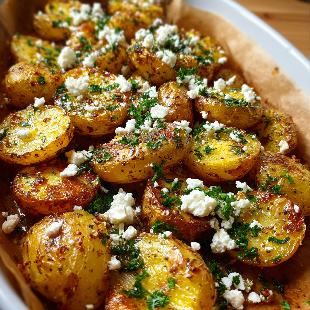 A dish of Greek Roast Potatoes with Lemon and Feta, cooked to perfection and ready to be served.