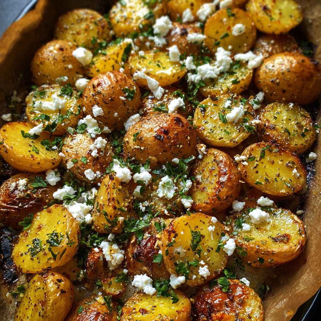 A dish of roasted potatoes with feta cheese and lemon, served in a bowl.