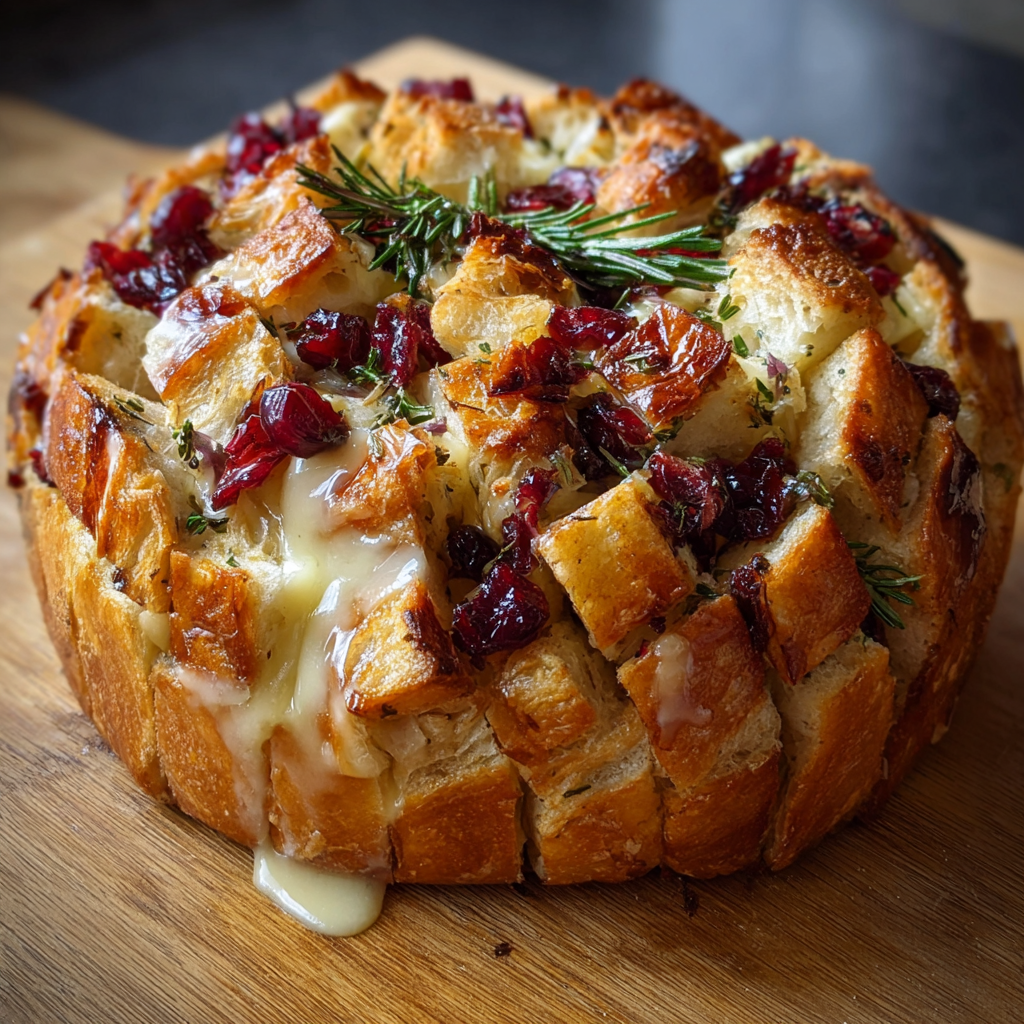 A delicious Cranberry Brie Sourdough Pull Apart Bread is displayed on a wooden table, ready to be enjoyed.