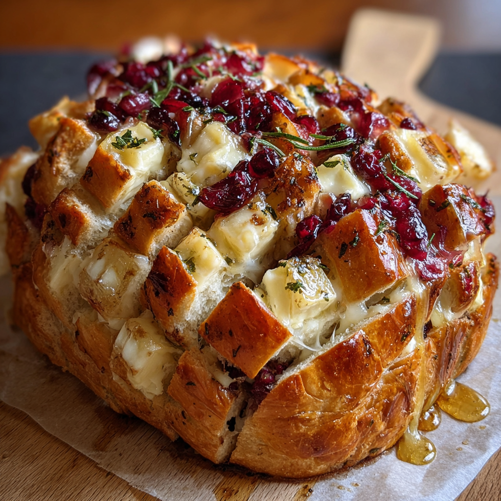 A loaf of bread with cheese and herbs on it, sitting on a wooden cutting board.