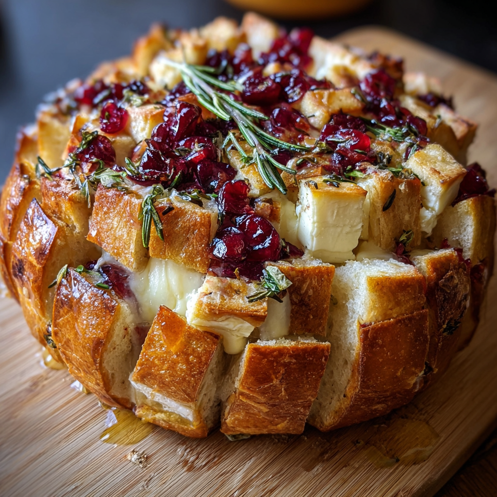 A loaf of bread with a cranberry filling, topped with a sprig of rosemary.
