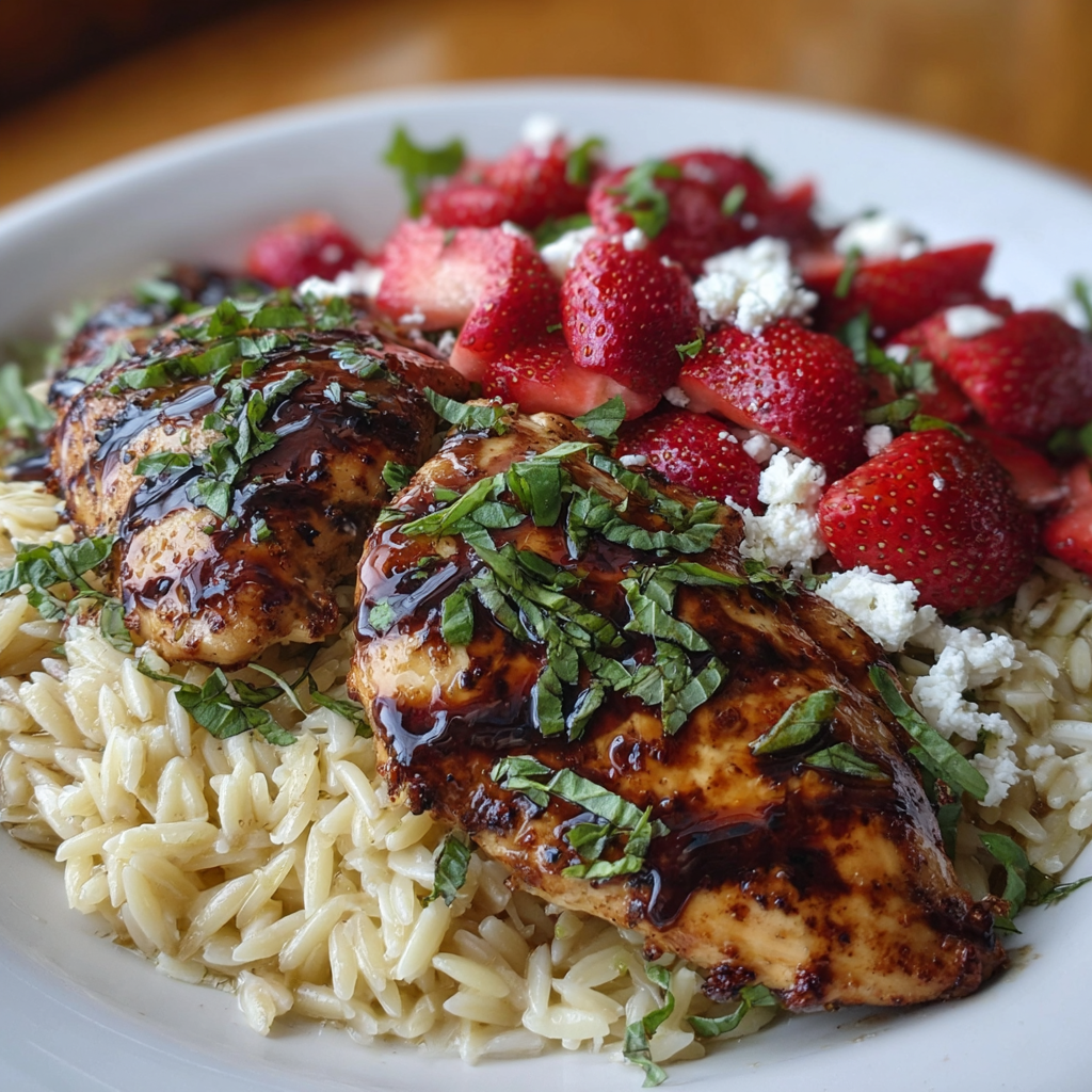 A plate of Strawberry Balsamic Chicken with Herbed Orzo, featuring chicken, rice, strawberries, and a sauce.