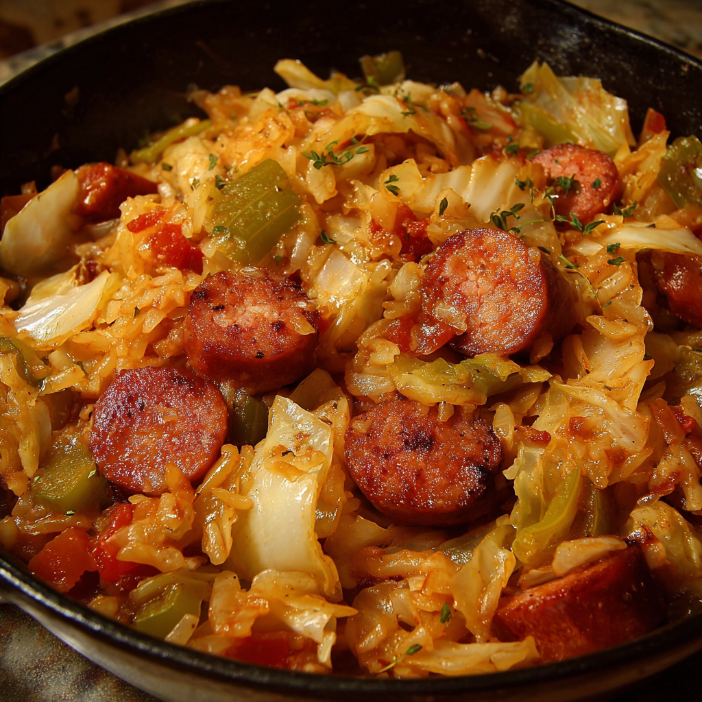 A delicious dish of sausage and vegetables, including onions and peppers, is served in a bowl.