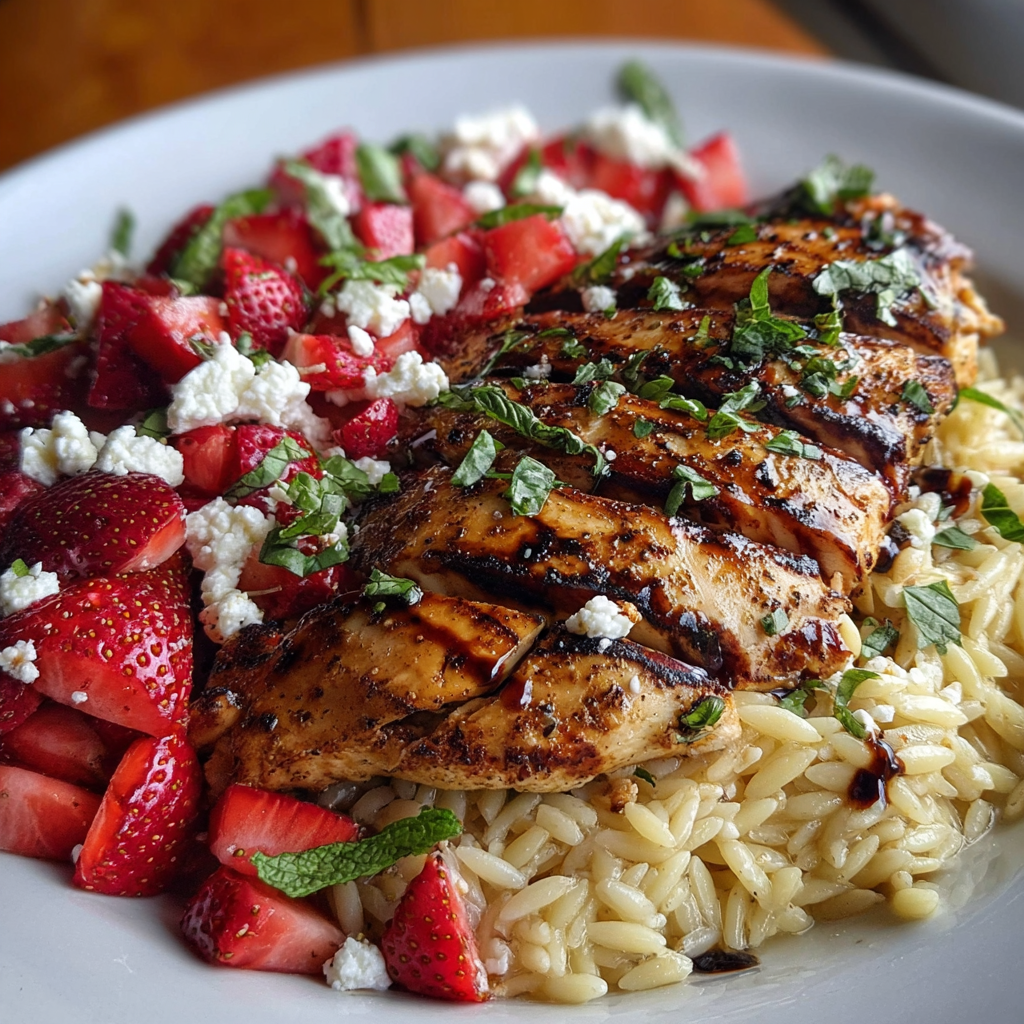 A plate of Strawberry Balsamic Chicken with Herbed Orzo, featuring rice, chicken, strawberries, and blue cheese.