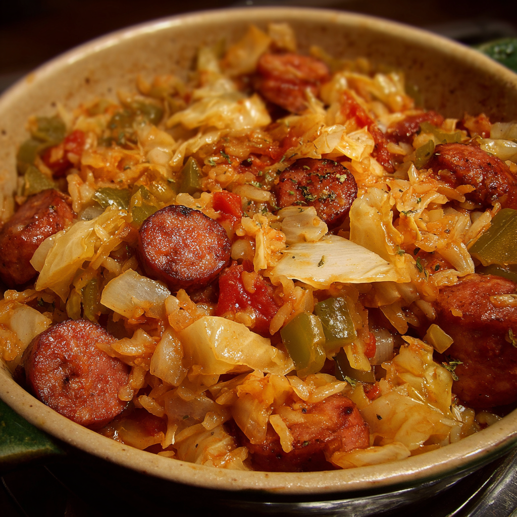 A bowl of sausage and vegetables, including onions and cabbage, is ready to be served.