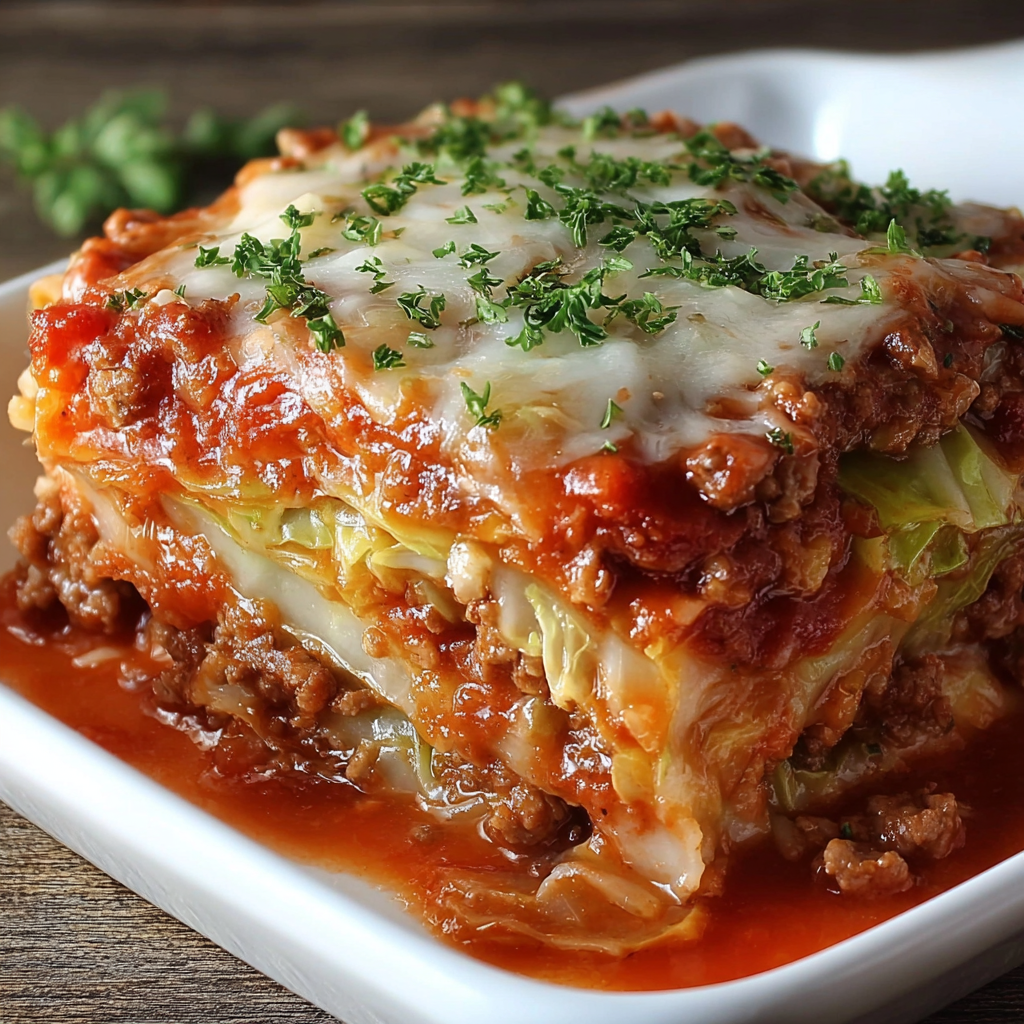 A delicious stuffed cabbage roll casserole is served on a white plate.