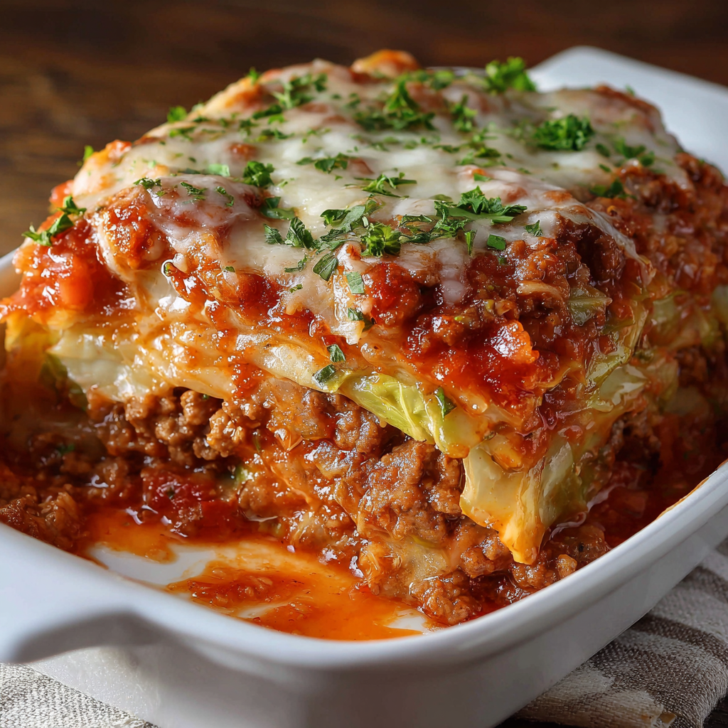 A delicious lasagna dish with meat and vegetables, served in a white bowl.