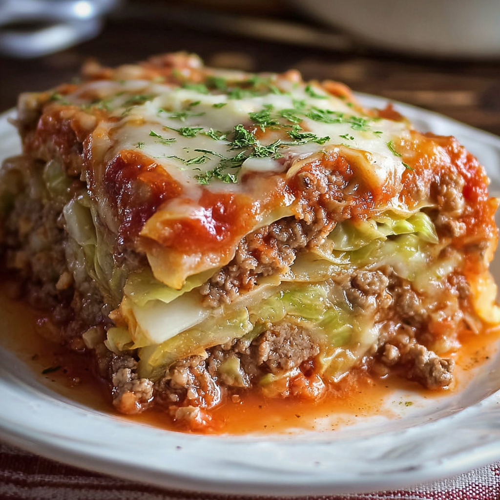 A delicious lasagna dish with meat and vegetables on a white plate.