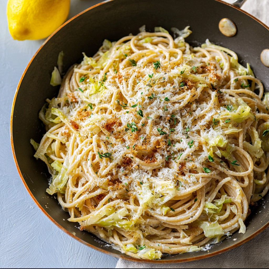A delicious Creamy Caramelized Cabbage Pasta dish served in a bowl.