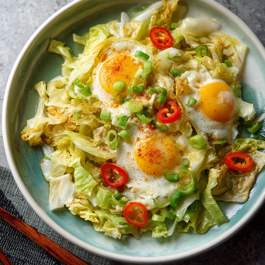 A plate of Chinese Cabbage and Egg Stir Fry with a variety of vegetables and eggs.