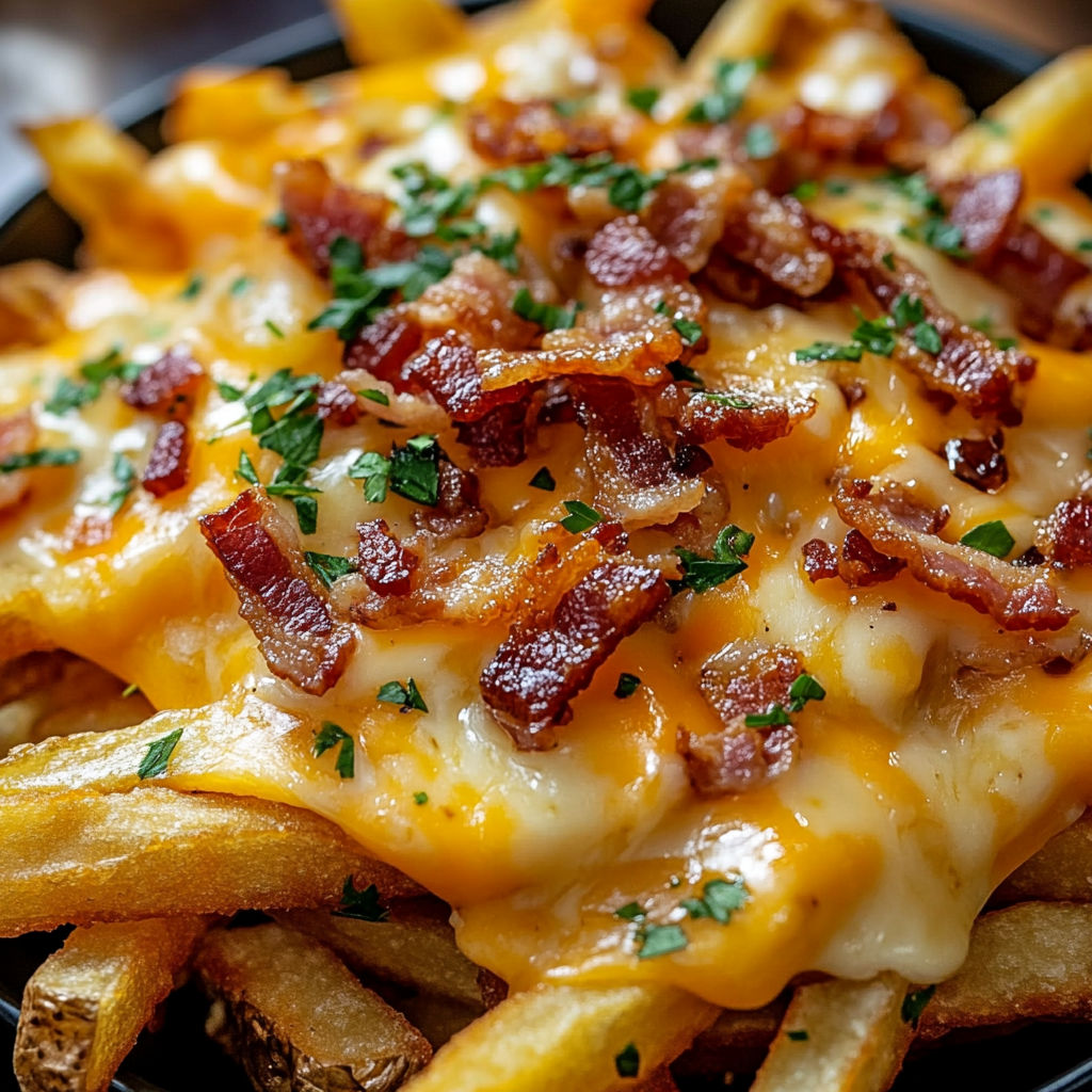 A delicious dish of Loaded Bacon Cheese Fries, served in a black bowl.
