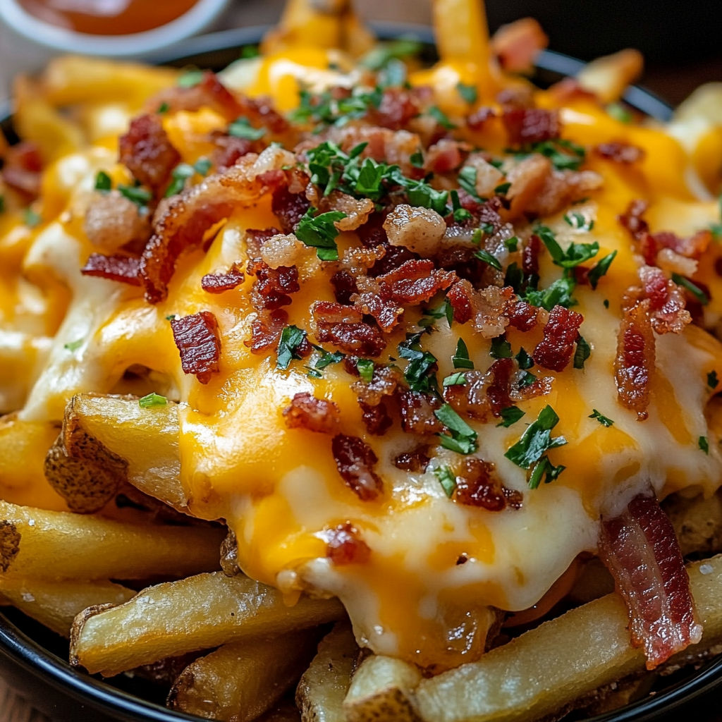 A delicious bacon and cheese covered french fry dish.