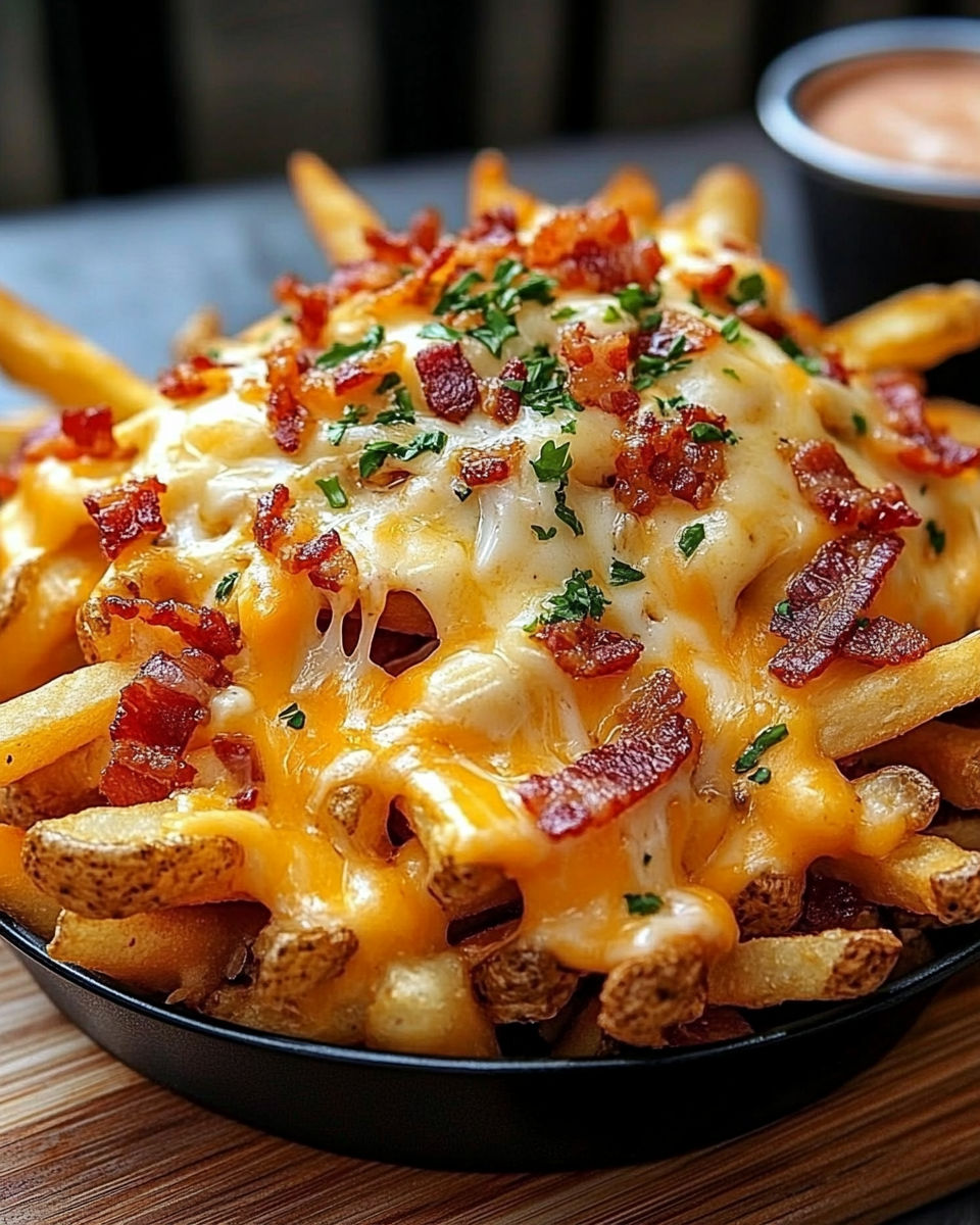 A delicious bacon and cheese covered french fries dish.
