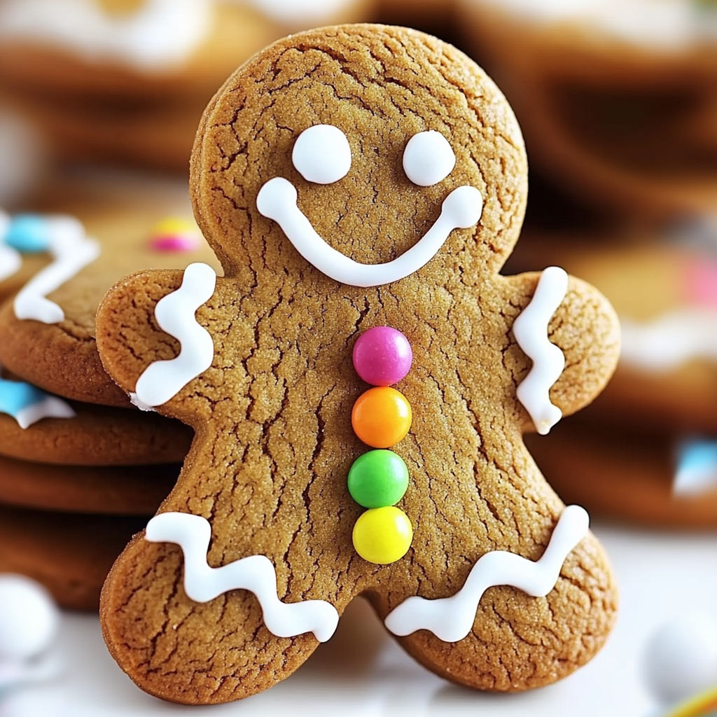 A smiling gingerbread man cookie with a colorful candy necklace.