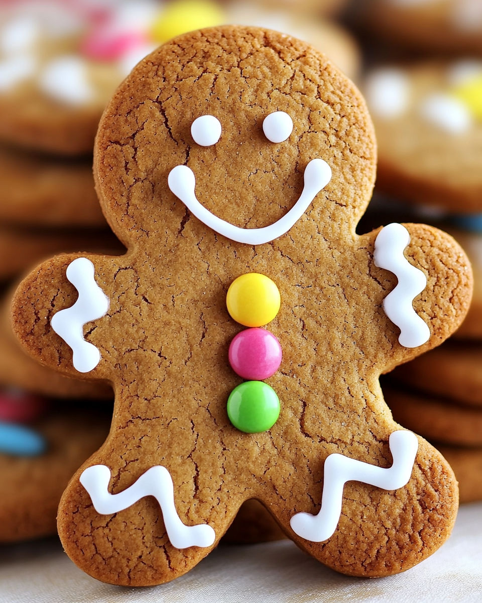 A close up of a gingerbread man cookie with a smile on its face.