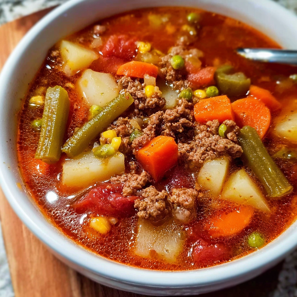 A bowl of vegetable beef soup filled with various vegetables and meat.