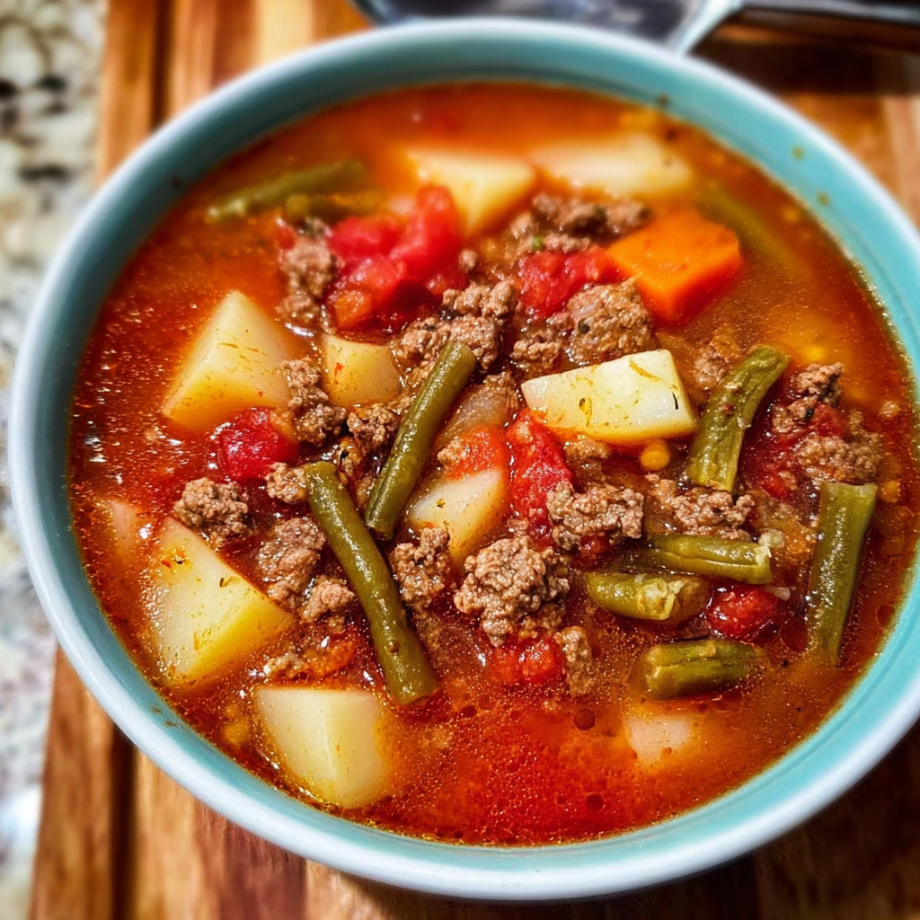 A bowl of soup with meat and vegetables, including potatoes, carrots, and green beans.