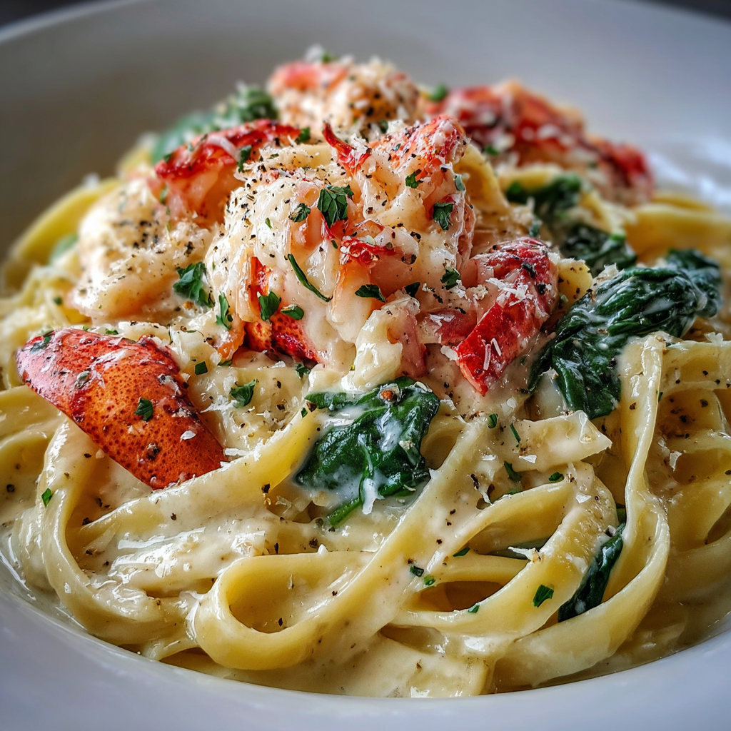 A plate of pasta with shrimp and spinach, served with a side of garlic bread.