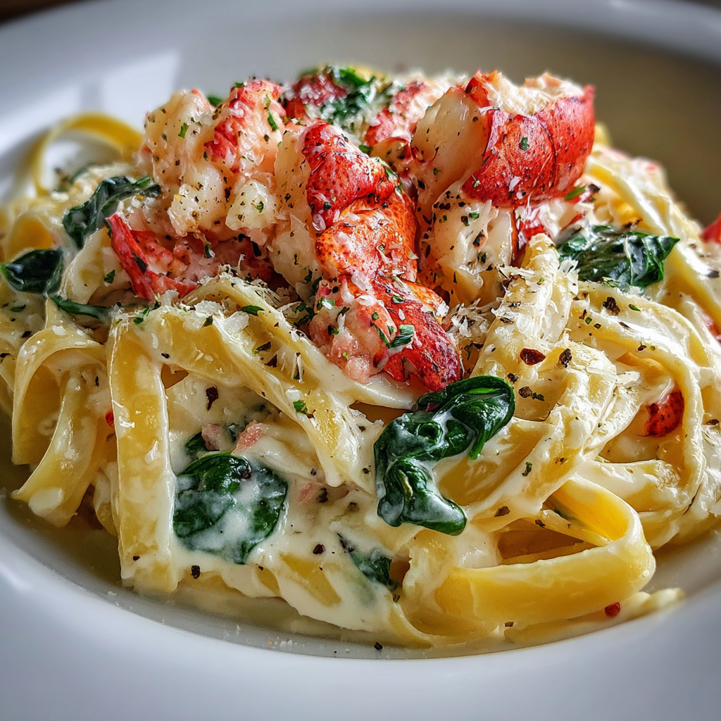 A plate of pasta with lobster and spinach on top.