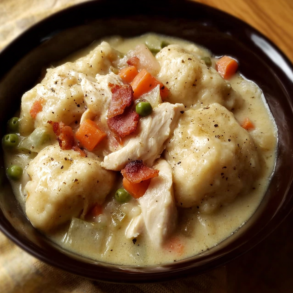 A bowl of Slow Cooker Chicken and Dumplings is displayed on a table.