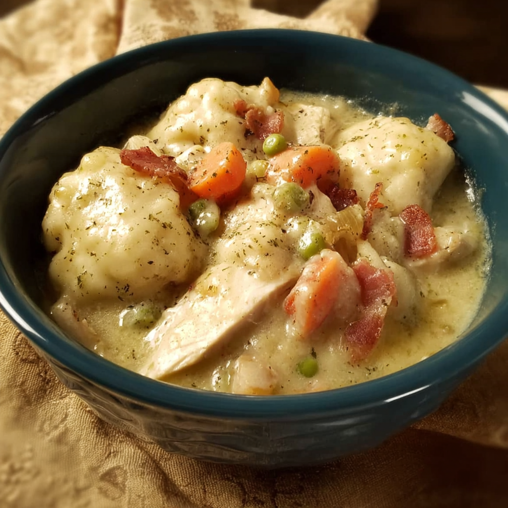 A bowl of Slow Cooker Chicken and Dumplings, featuring a variety of vegetables and meat.