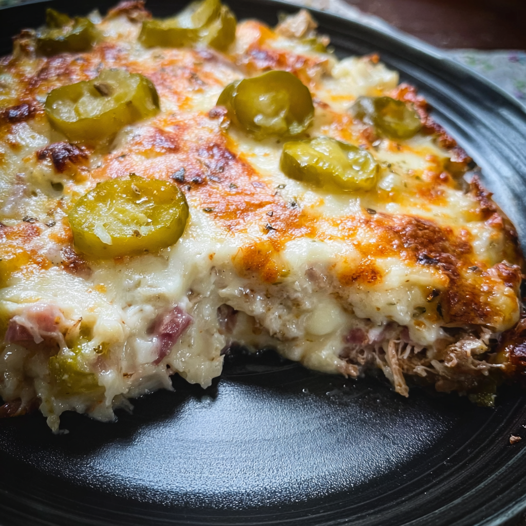 A slice of a delicious Healthy Cuban Beef Casserole with cheese and jalapenos.