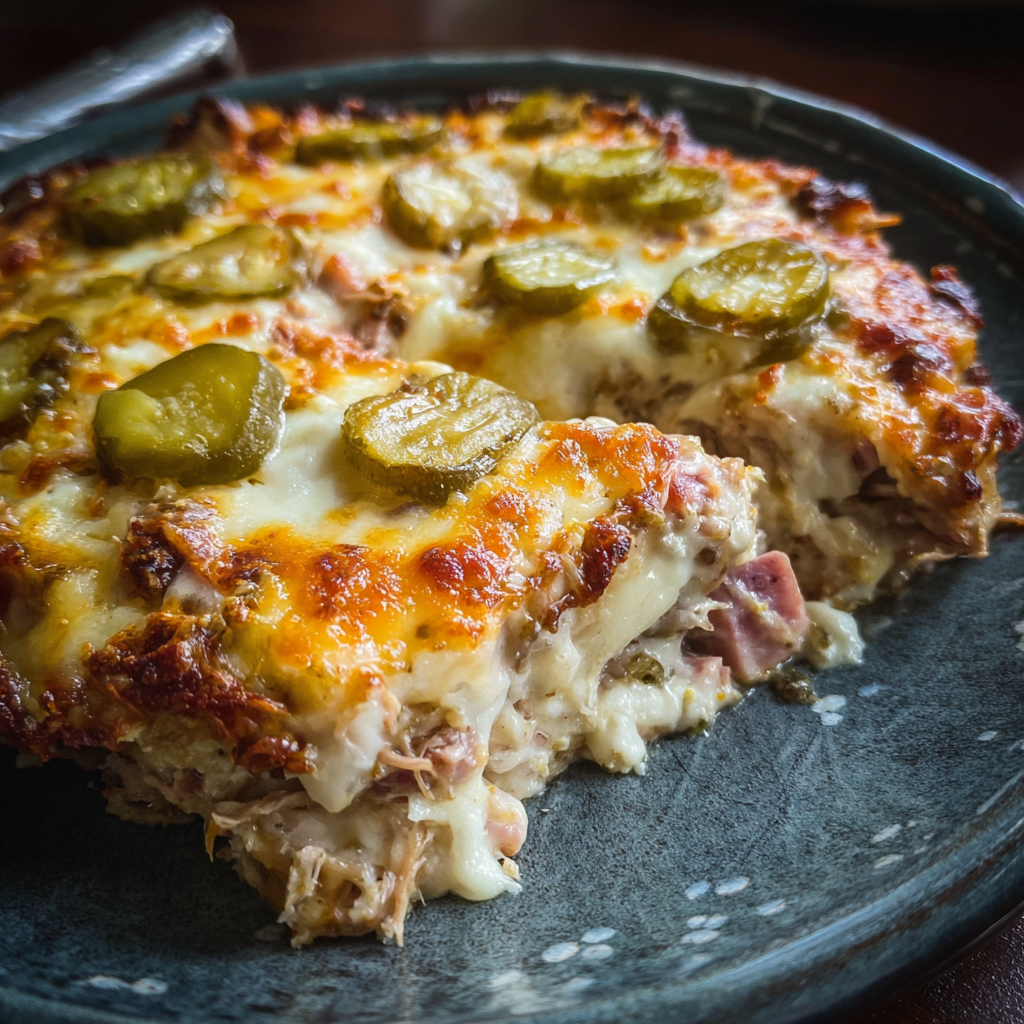 A delicious looking casserole with a variety of ingredients, including meat, cheese, and pickles, is served on a plate.