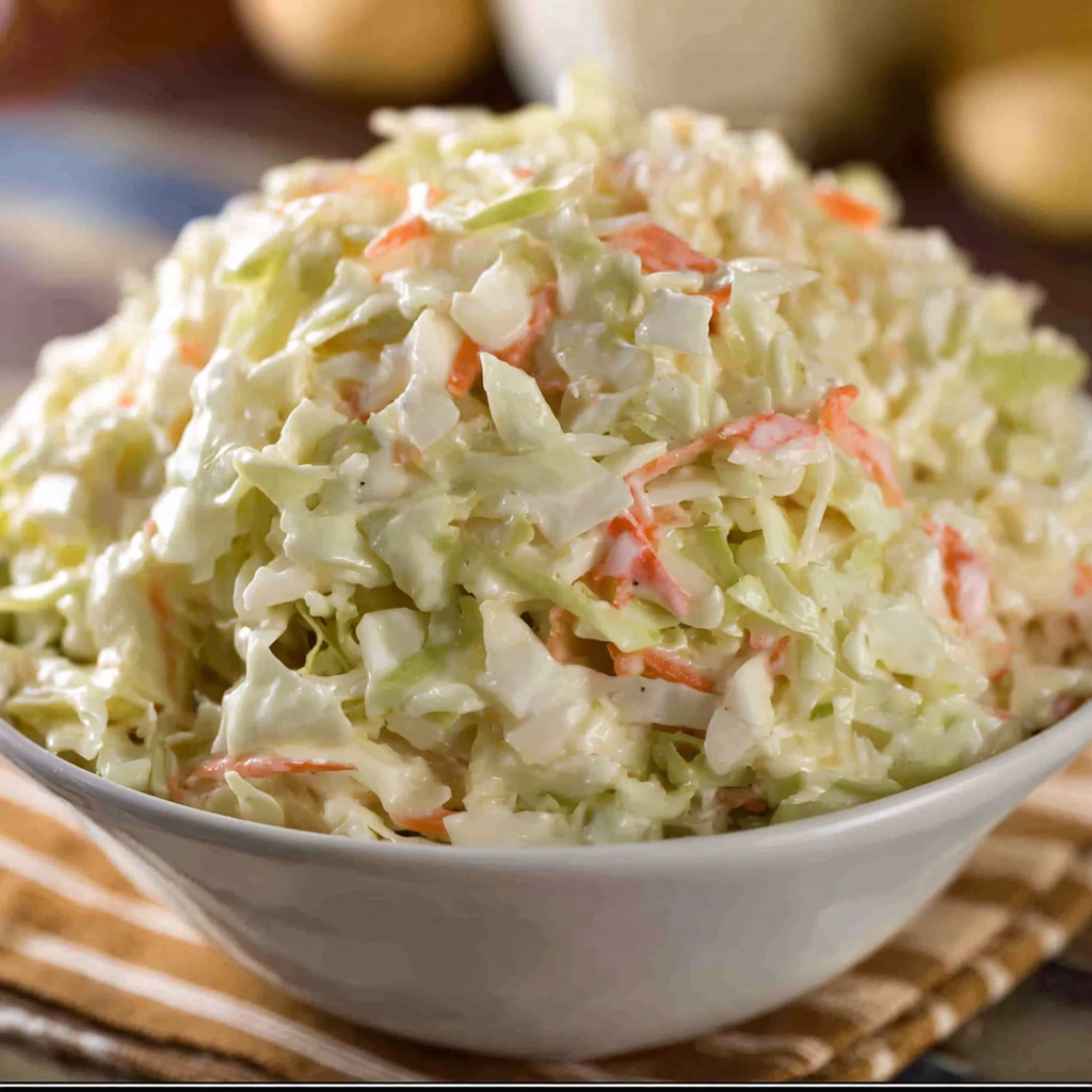 A large bowl filled with a delicious coleslaw recipe.