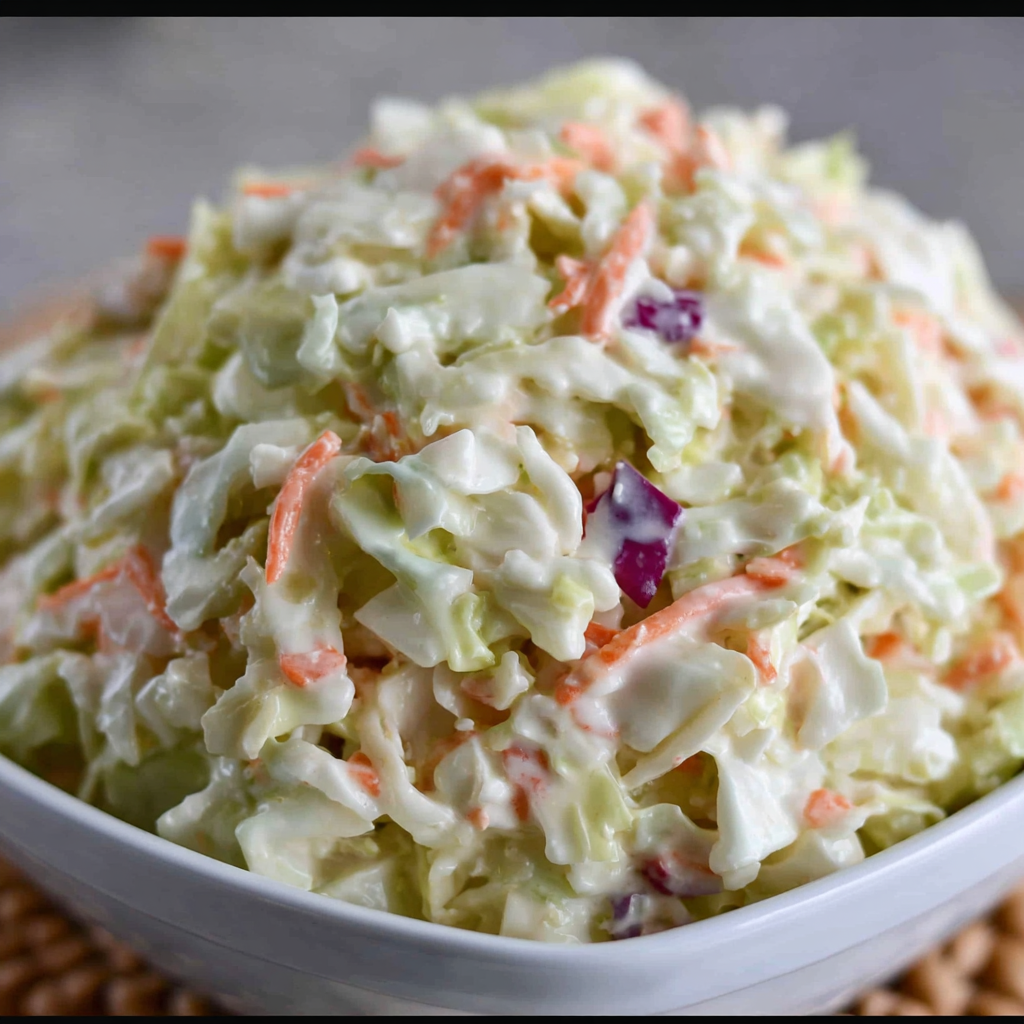 A large bowl of coleslaw, with a generous amount of shredded cabbage and carrots, is ready to be served.